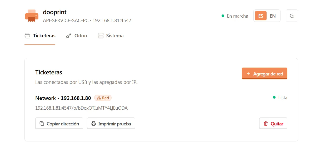 Interfaz web de Dooprint: la ticketera de red 192.168.1.80 lista, con los botones para copiar la dirección e imprimir una prueba